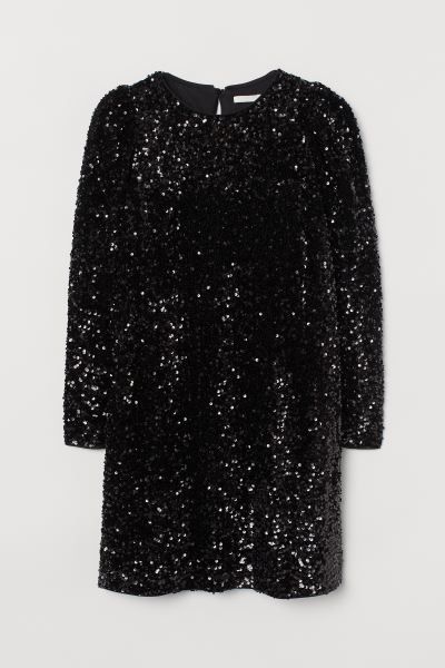 Short dress with a small opening and button at back of neck. Long puff sleeves with a button at c... | H&M (US + CA)