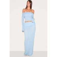 Blue Fold Over Textured Knit Skirt | PrettyLittleThing US