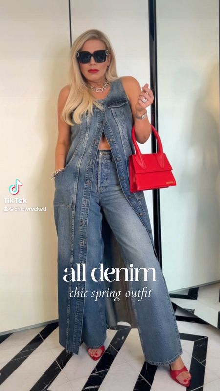 All Denim Spring Outfit
Sleeveless Denim Maxi Dress - If you want to style it like I have buy for your bust size. I’m a 36DD and bought a size 8. If you’re smaller chested you can size down!
High Rise Wide Leg Denim Jeans - Wearing a 25
Red Kitten Heel Mule Sandals - These run TTS

#LTKstyletip #LTKfindsunder100 #LTKVideo