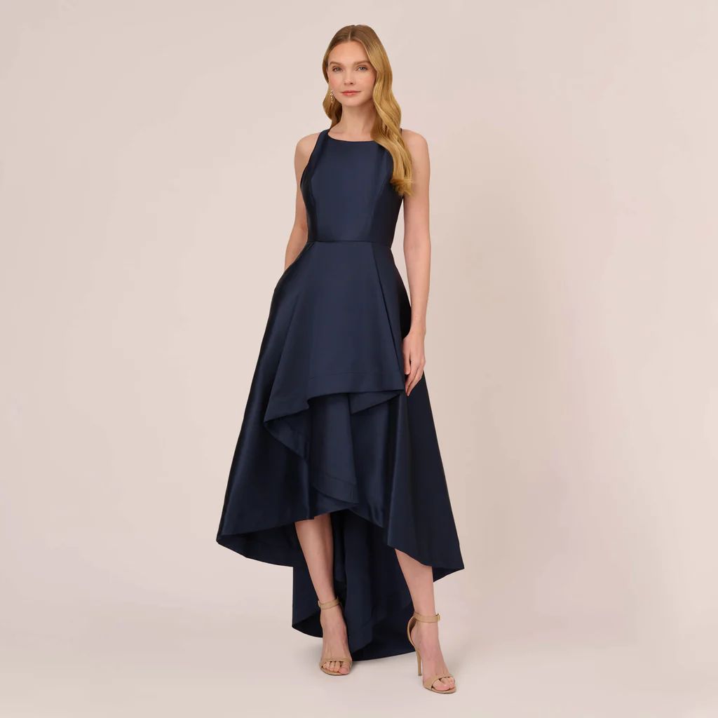High Low Mikado Gown With Asymmetrical Detail In Midnight | Adrianna Papell