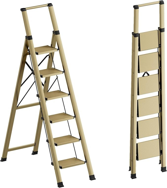 6 Step Ladder for 12 Feet High Ceiling, Lightweight Aluminum Folding Step Stool with Convenient H... | Amazon (US)