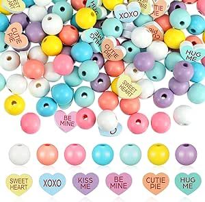 Fabbay 200 Pieces Valentine's Day Wood Beads Wood Hearts Beads Colorful Wooden Round Beads Natura... | Amazon (US)