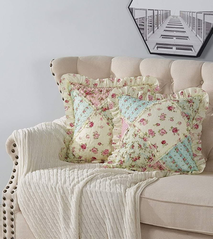 Pink and Green Rose Patchwork Ruffle Pillowshams, Quilted Decorative Pillow Covers Set, Square Th... | Amazon (US)