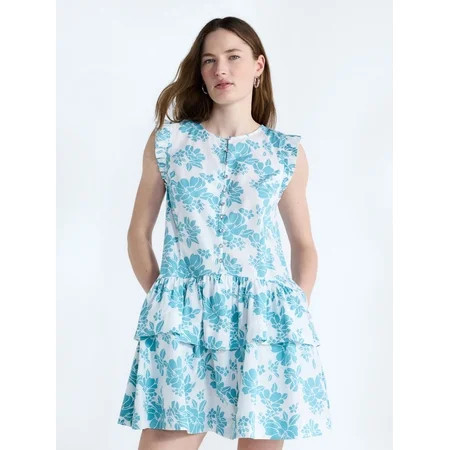 Free Assembly Women's Button Front Cotton Mini Dress with Flutter Sleeves, Sizes XS-XXL | Walmart (US)