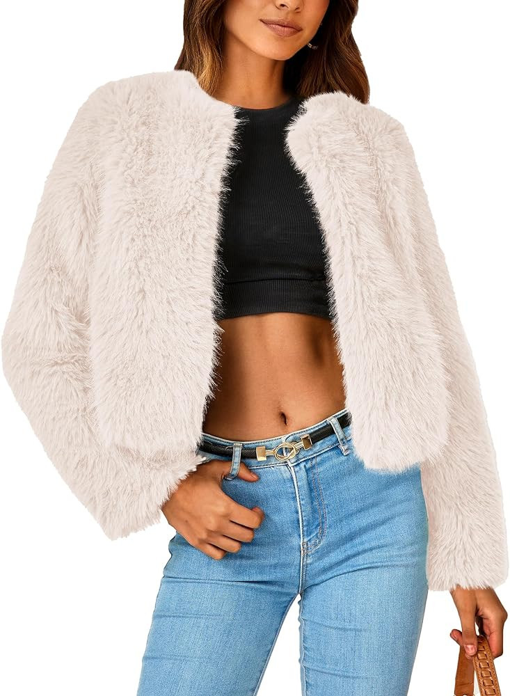 PRETTYGARDEN Women's 2023 Winter Coats Fleece Cropped Jacket Faux Fur Long Sleeve Pockets Shaggy ... | Amazon (US)