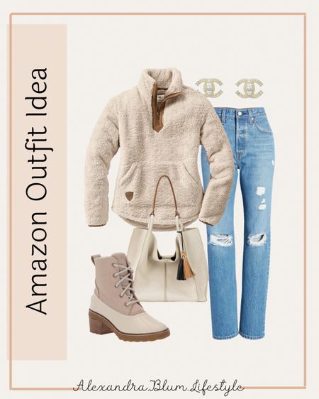 Amazon outfit ideas!! Cute casual fall outfits! Sherpa quarter zip pull over sweatshirt, winter rain boots, denim ripped jeans, ivory tote handbags! Chanel earrings! Amazon fashion finds! Fall fashion! 

#LTKitbag #LTKstyletip #LTKshoecrush