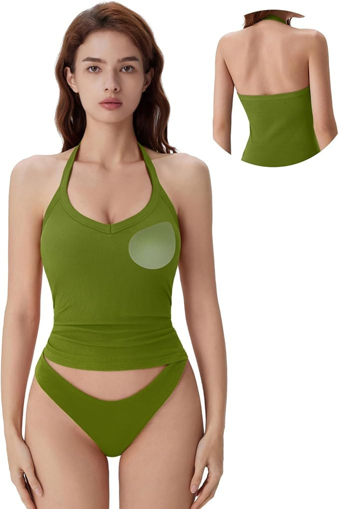 Halter Tank Top for Women with Built in Bra Cotton Ribbed V Neck Cami | Amazon (US)