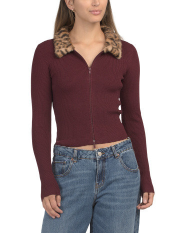 Faux Fur Cheetah Collar Sweater for Women | Polyester/Nylon/Viscose | Marshalls