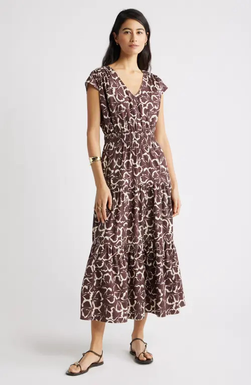 Nordstrom Tiered Poplin Maxi Dress in Brown Floating Ginko at Nordstrom, Size Medium | Nordstrom