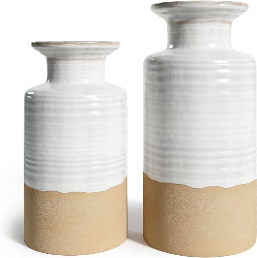 Modern Farmhouse Decor - Stoneware Ceramic Vases for Table - Set of Two Matching Tan Vases for De... | Amazon (US)