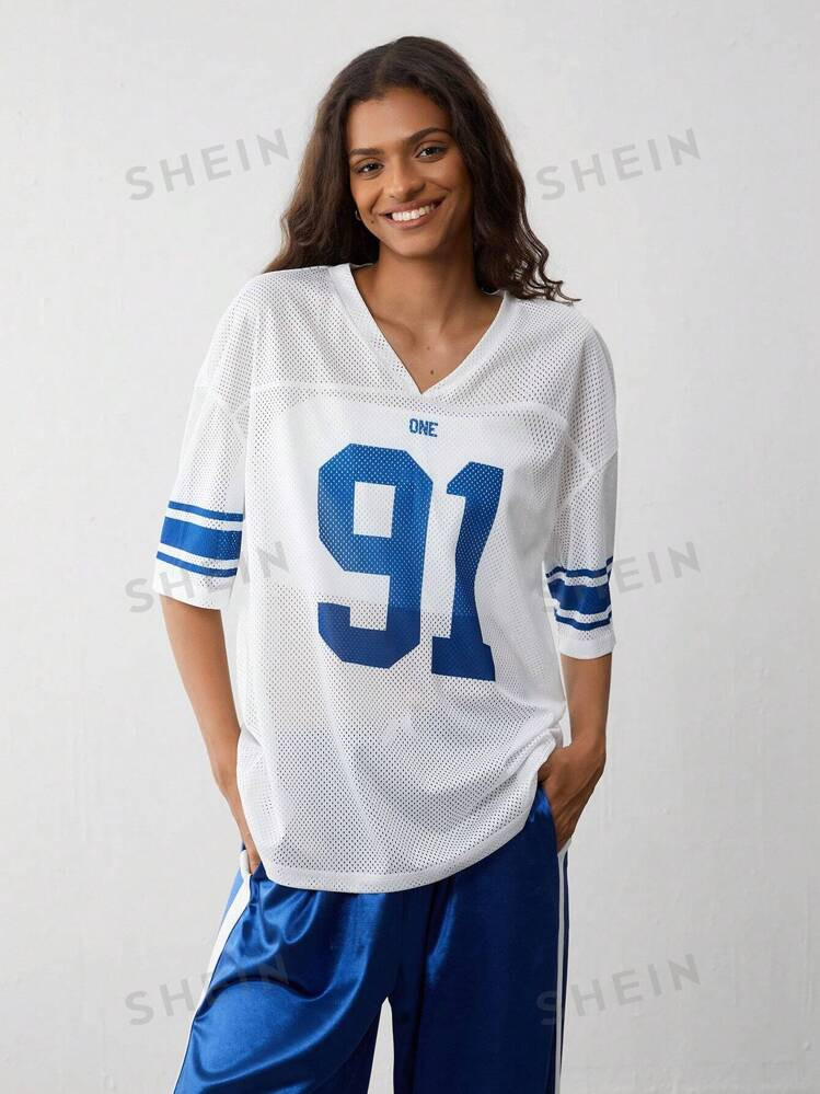 SHEIN MOOSTA Summer Casual Patchwork Mesh Colorblock Numeric Print T-Shirt | SHEIN