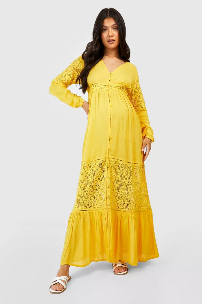 Maternity Boho Lace Insert Maxi Dress | boohoo (US & Canada)