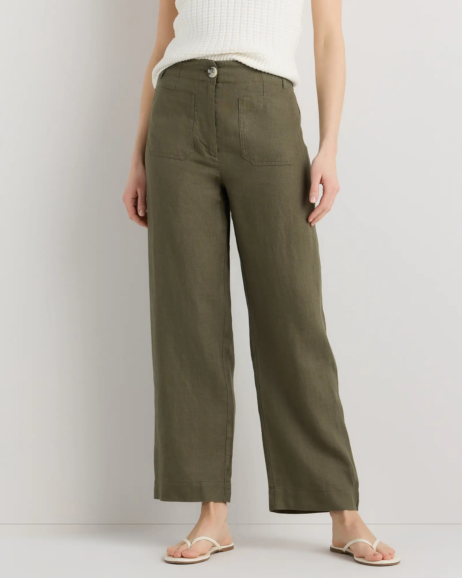 100% European Linen Patch Pocket Wide Leg Pants in Bayberry Olive | Quince