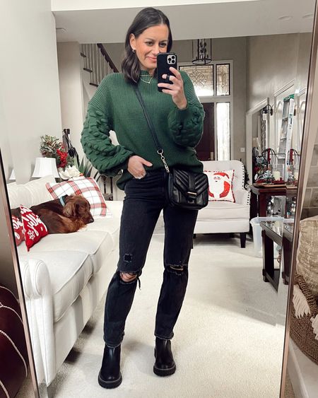 Winter outfit - amazon holiday sweater (true to size wearing a small), Abercrombie jeans (true to size to small), chelsea boots, crossbody bag 

#LTKunder50 #LTKSeasonal #LTKHoliday