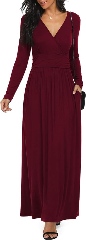 LILBETTER Women Long Sleeve Deep V Neck Loose Plain Long Maxi Casual Dress | Amazon (US)