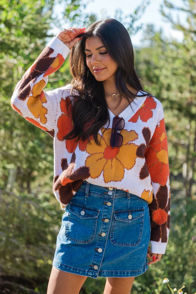 Lively Love Brown Multi V-Neck Floral Print Sweater | Pink Lily