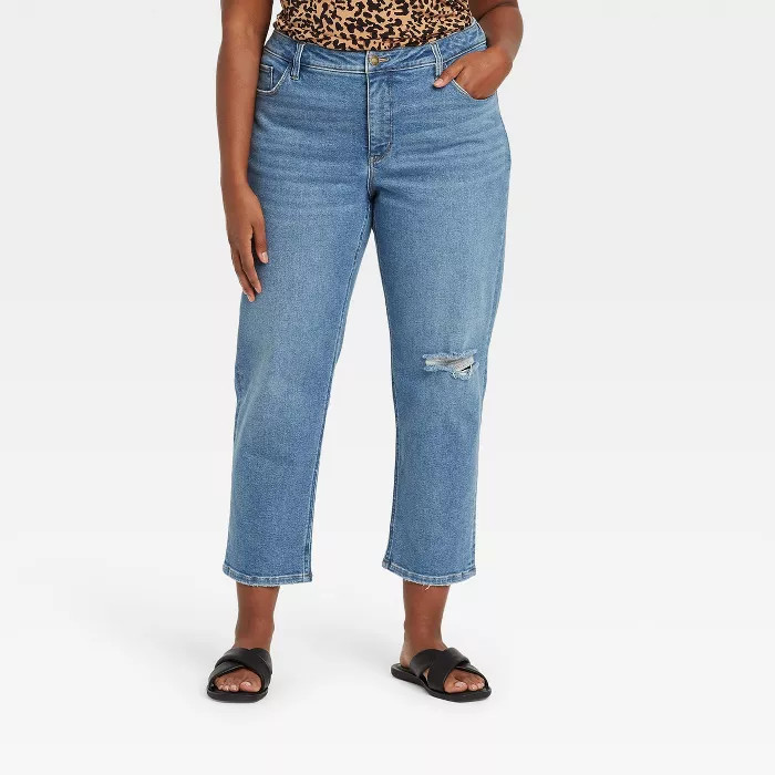 Women's Plus Size Mid-Rise Knee Distressed Slim Straight Jeans - Ava & Viv™ | Target