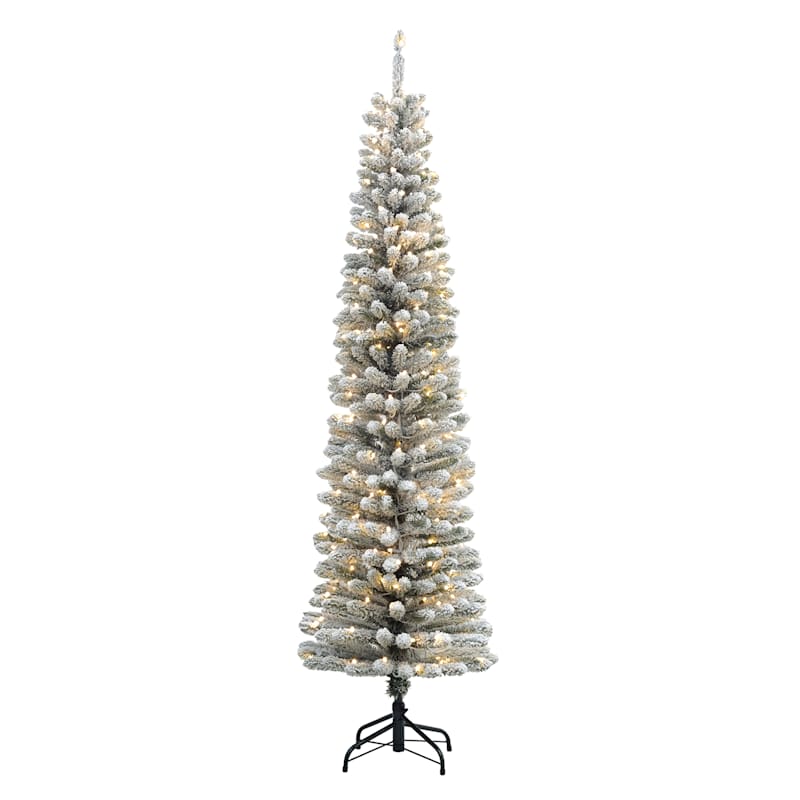 (A24) Pre-Lit LED Flocked Slim Fir Pencil Christmas Tree, 6.5' | At Home