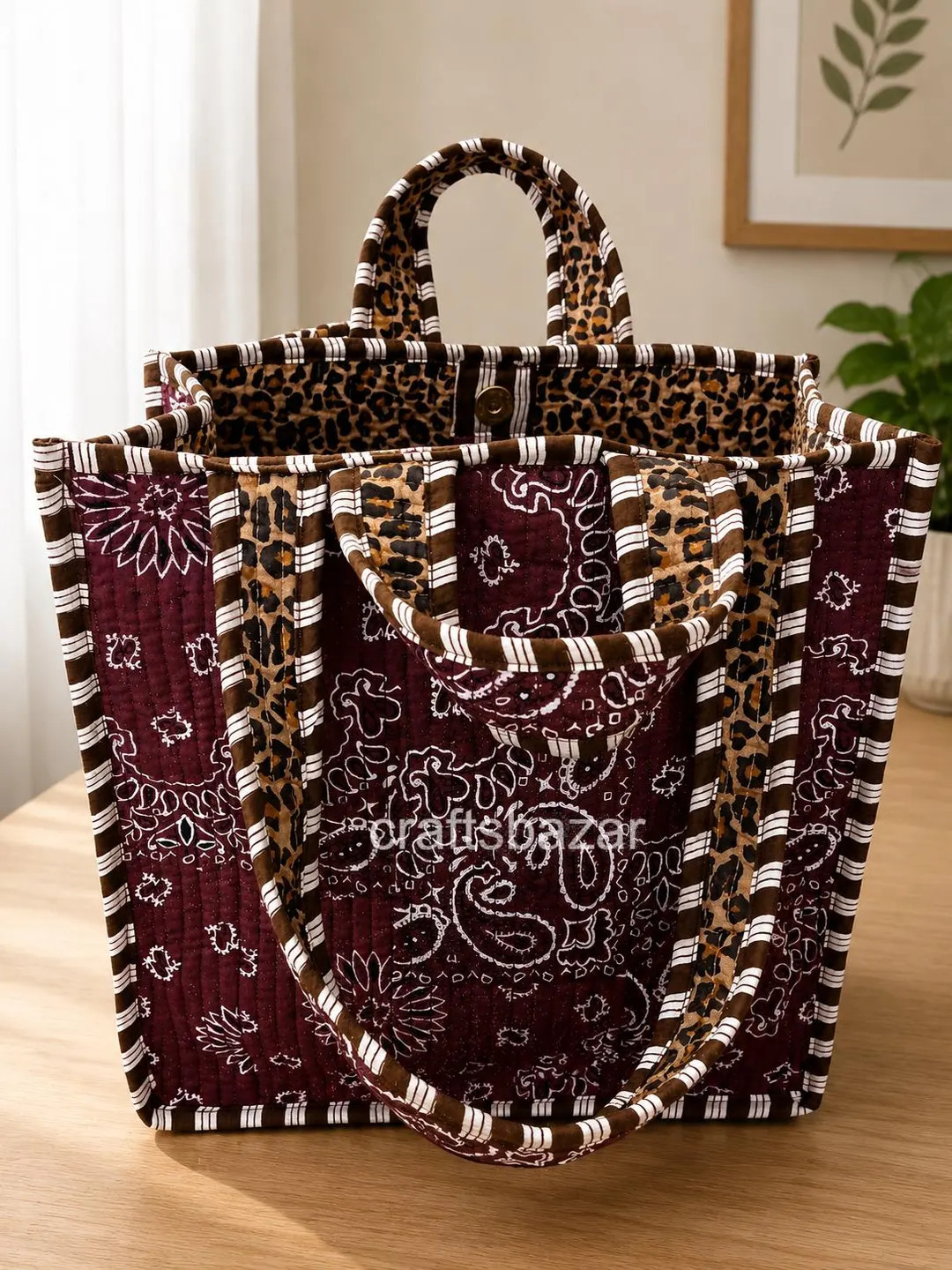 Brown Paisley Tote Bag, Handmade Fabric Handbag, Ethnic Print Shoulder Bag, Reusable Shopping Bag... | Etsy (Global)