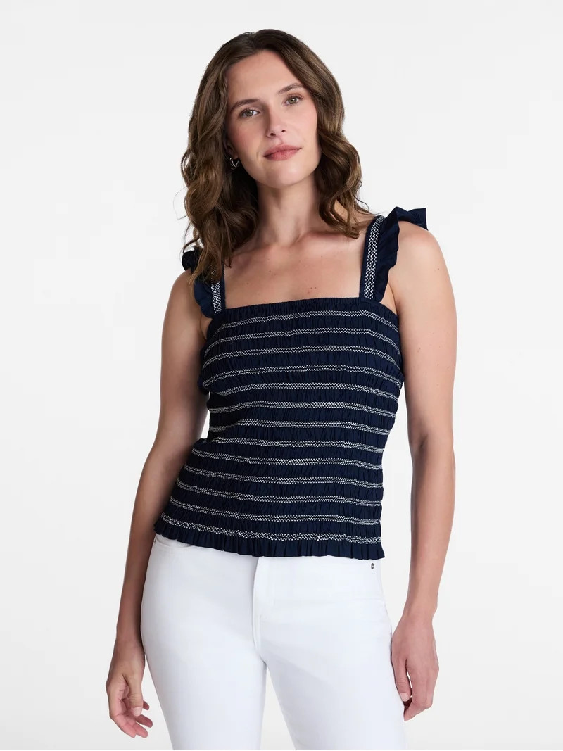 Time and Tru Women's Smocked Cotton Tank Top with Ruffle Straps, Sizes XS-XXXL | Walmart (US)