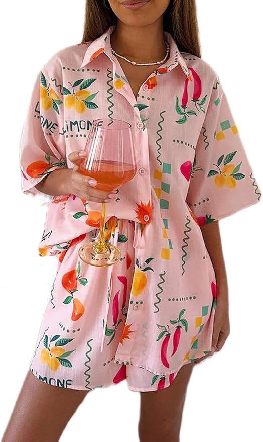 ROAONOCOMO Women Y2K Graphic 2 Piece Outfit Short Sleeve Button Down Shirt Printed Lounge Shorts ... | Amazon (US)