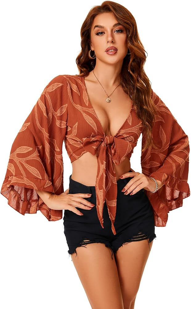 Women's Boho 70s Hippie Crop Top Deep V Neck Tie Front Long Bell Sleeve Blouse for Western Countr... | Amazon (US)