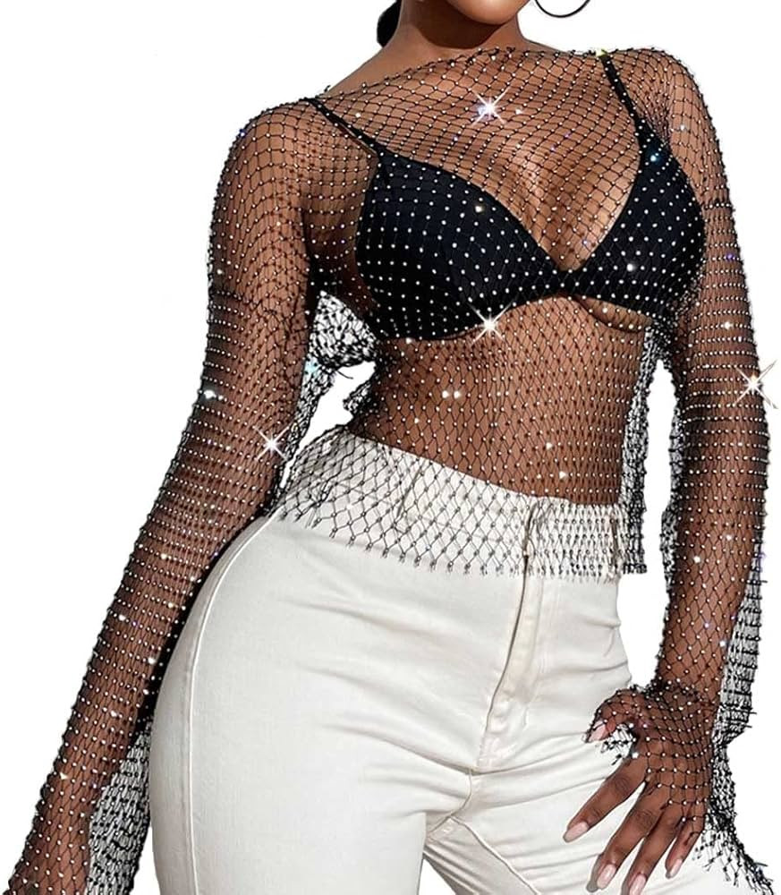 Formery Sexy Rhinestone Mesh Body Chains Top Long Sleeve Crystal Fishnet Cover Up Crop Top See Th... | Amazon (US)