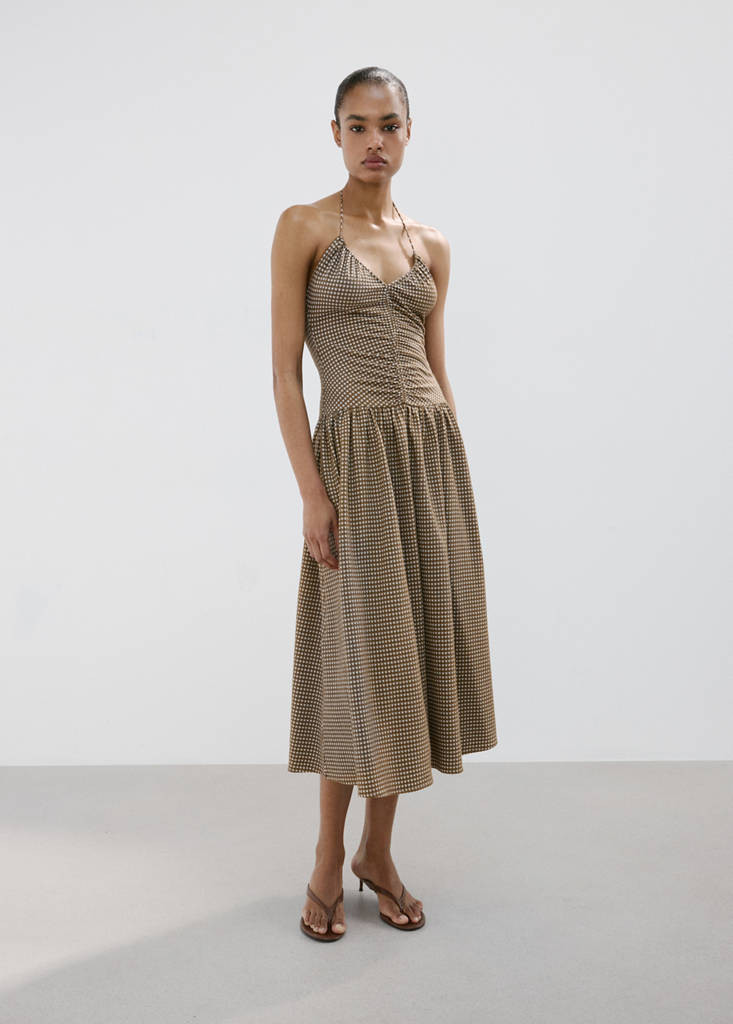 Checkered midi dress with ruched detail khaki - Woman - 4 - MANGO | Mango (US/MX/AU)