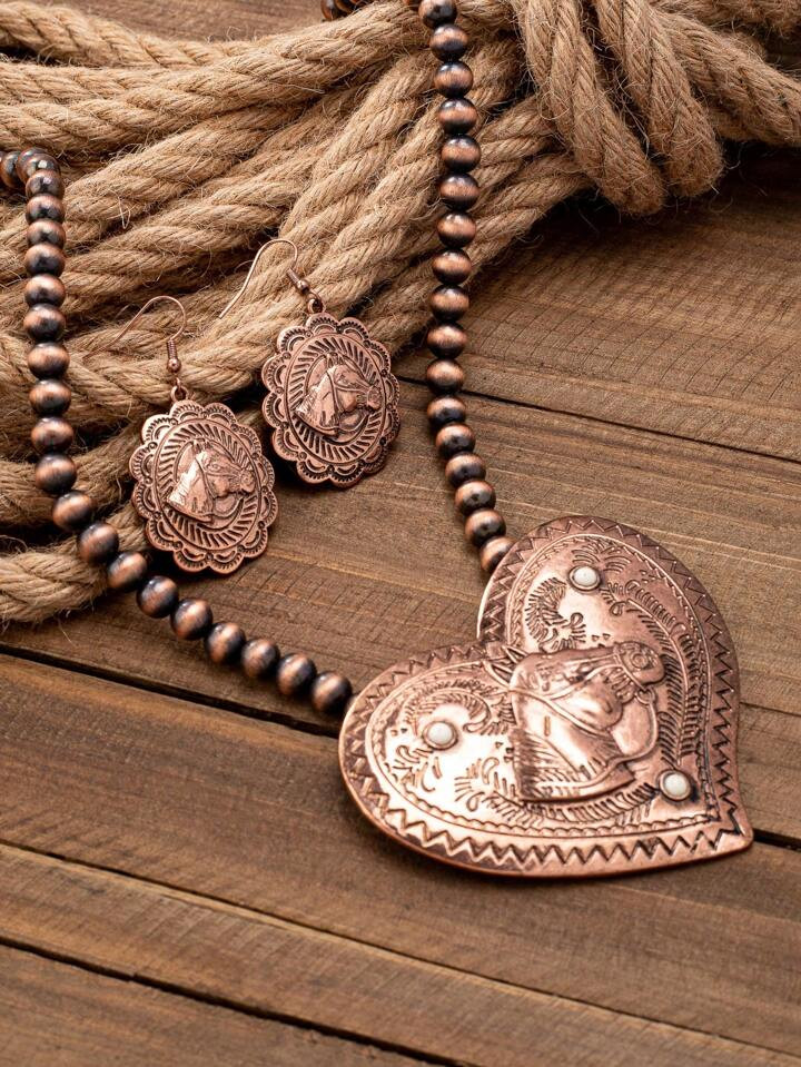1pc Necklace + 1 Pair Earrings, Western Cowgirl Style Horse Head Embossed Exaggerated Heart Beaded Fashionable Jewelry Set For Women Valentines | SHEIN