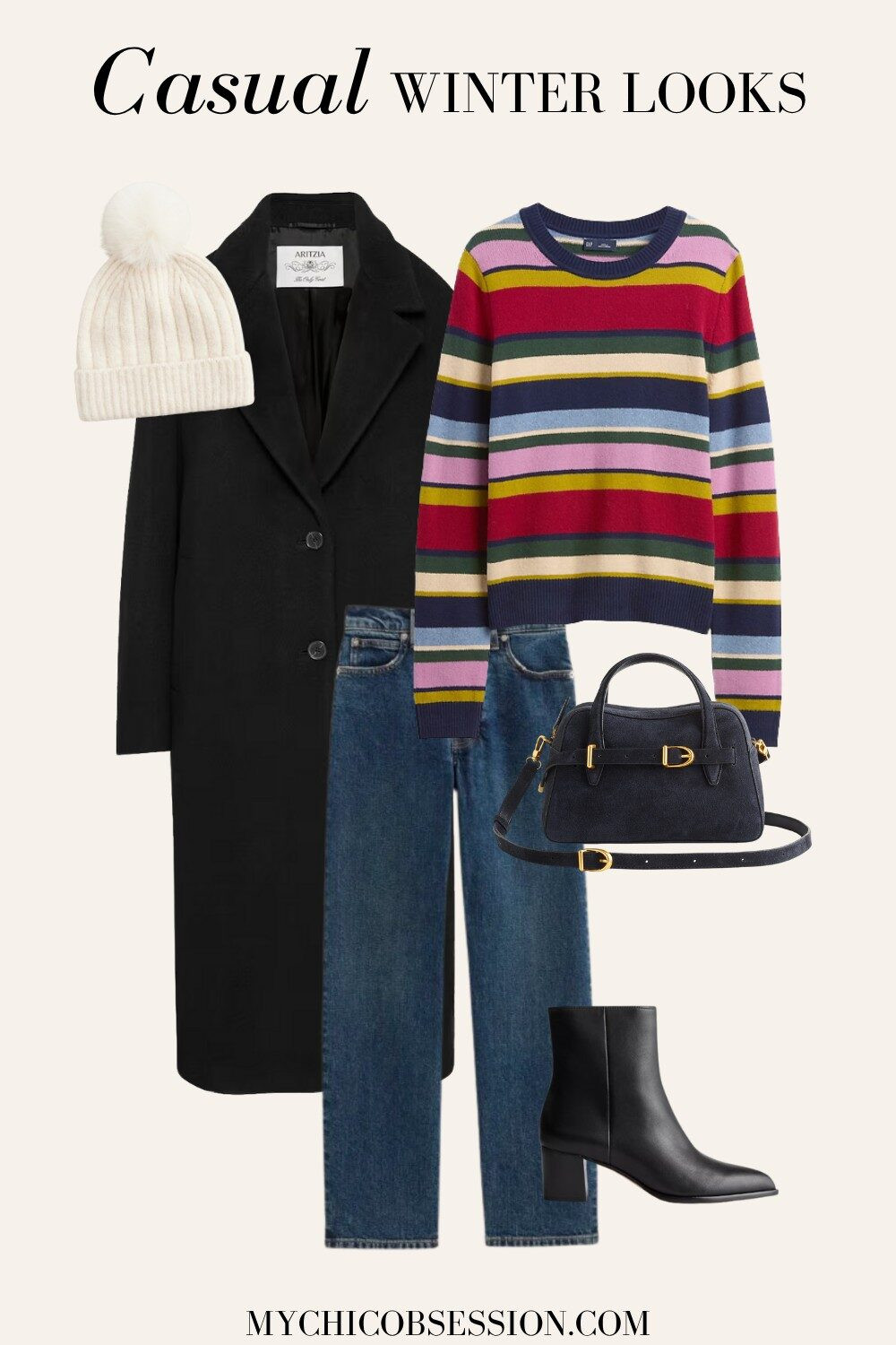 Recreate this casual winter outfit that's cozy, cute, and easy to wear. Pair a striped sweater with a wool wrap coat and classic denim. Accessorize with a suede handbag, ankle boots, and a knit beanie to top off the look. 

 #LTKSeasonal