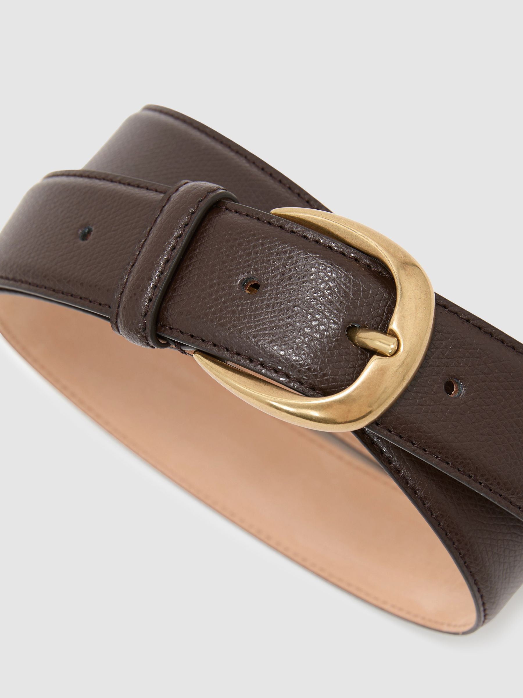Reiss Pebbled-Leather Curved-Buckle Belt in Dark Brown - REISS | Reiss UK
