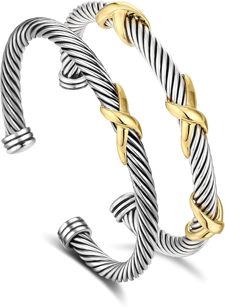 2 Pcs Cuff Bracelet for Women Cable Wire Bracelet - Two Tone Twisted Bangle Bracelet - Silver Cuf... | Amazon (US)
