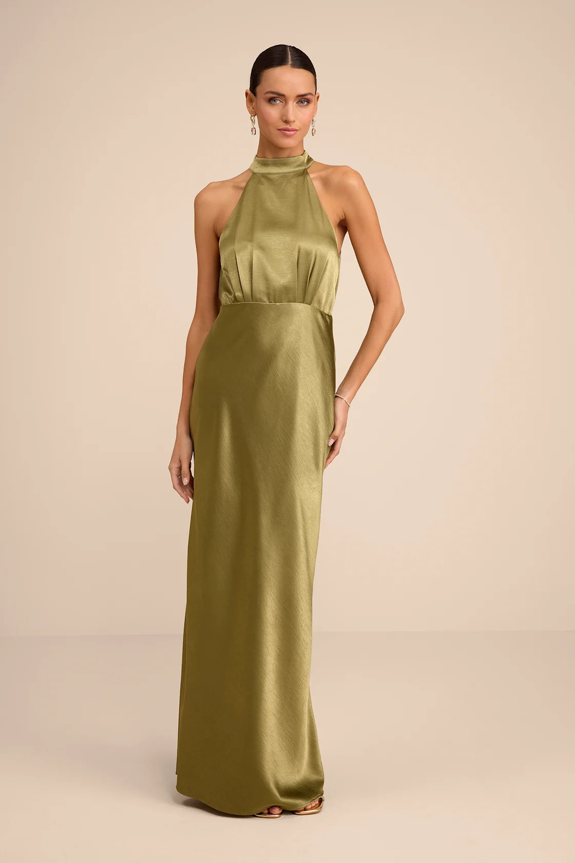 Sevinia Olive Green Satin Mock Neck Sleeveless Maxi Dress | Lulus