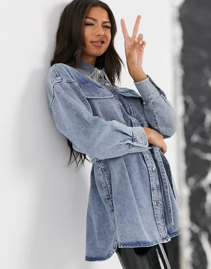 ASOS DESIGN oversized denim shirt with diamante fringe collar-Blue | ASOS (Global)