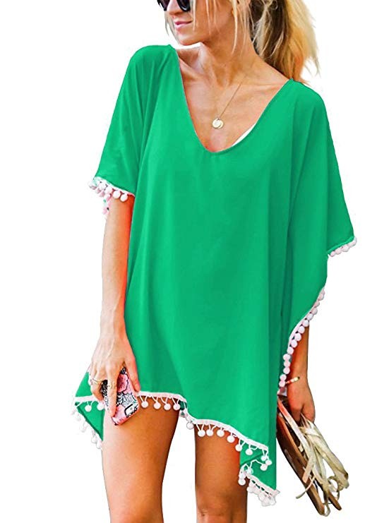 MOLERANI Women's Pom Pom Trim Kaftan Chiffon Swimwear Beach Cover up | Amazon (US)
