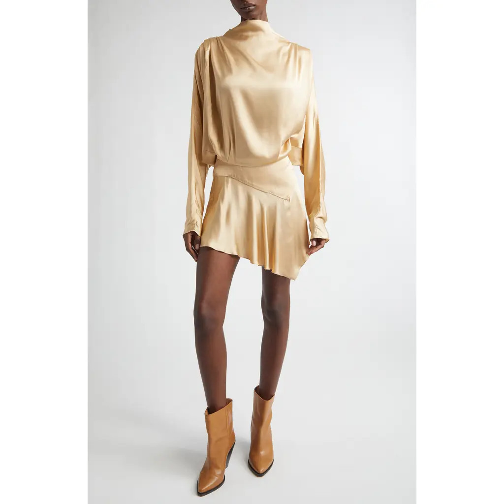 Isabel Marant Neline Long Sleeve Asymmetric Satin Minidress in Beige at Nordstrom, Size 34 | Nordstrom