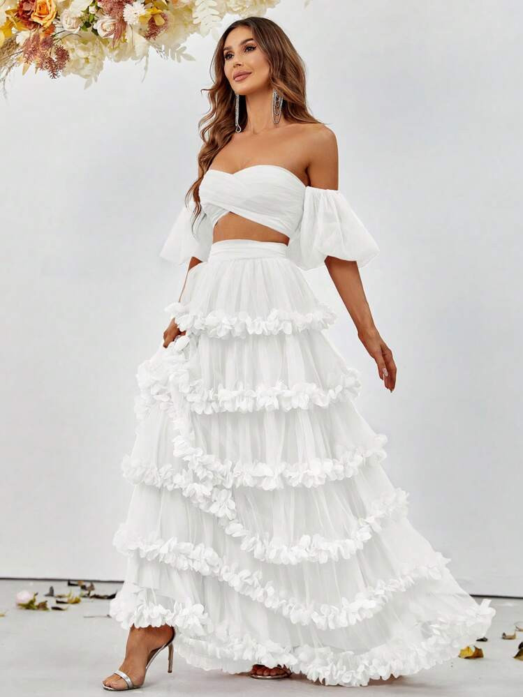 Elisanya Off-Shoulder Puff Sleeve Crop Top & Layered Ruffled Tulle Skirt Set - Spring Summer Elegant Two-Piece Outfit For Weddings, Evening Galas | SHEIN
