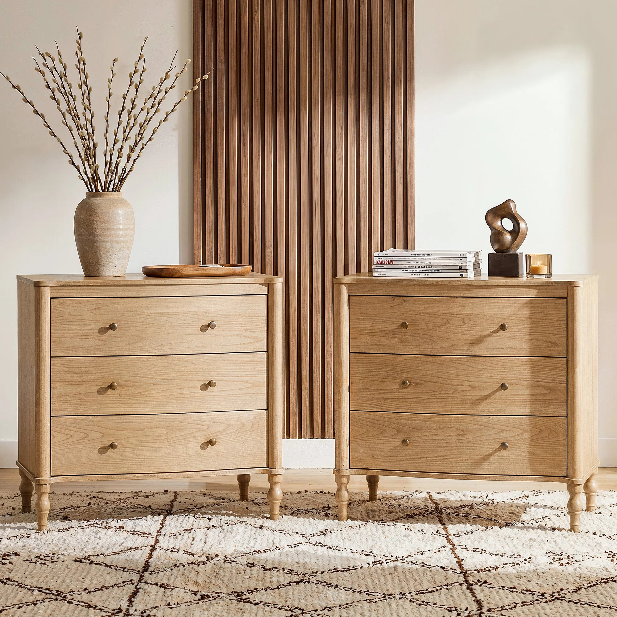 32.8'' W Vintage Curved Front Nightstand with 3 Drawers, Solid Wood Legs and Metal Knobs Adorn (S... | Wayfair North America