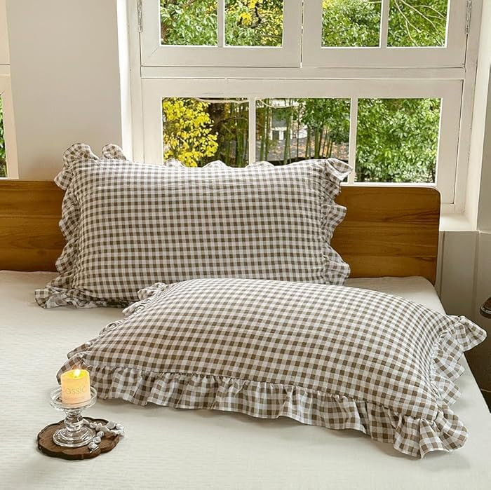 NSNLGSGC Tan Ruffled Plaid Gingham Standard Size Pillow Shams 20"x26", Set of 2 Taupe Checked Pre... | Amazon (US)