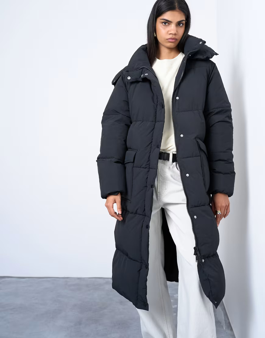 Topshop ultimate longline funnel neck puffer jacket in black | ASOS (Global)