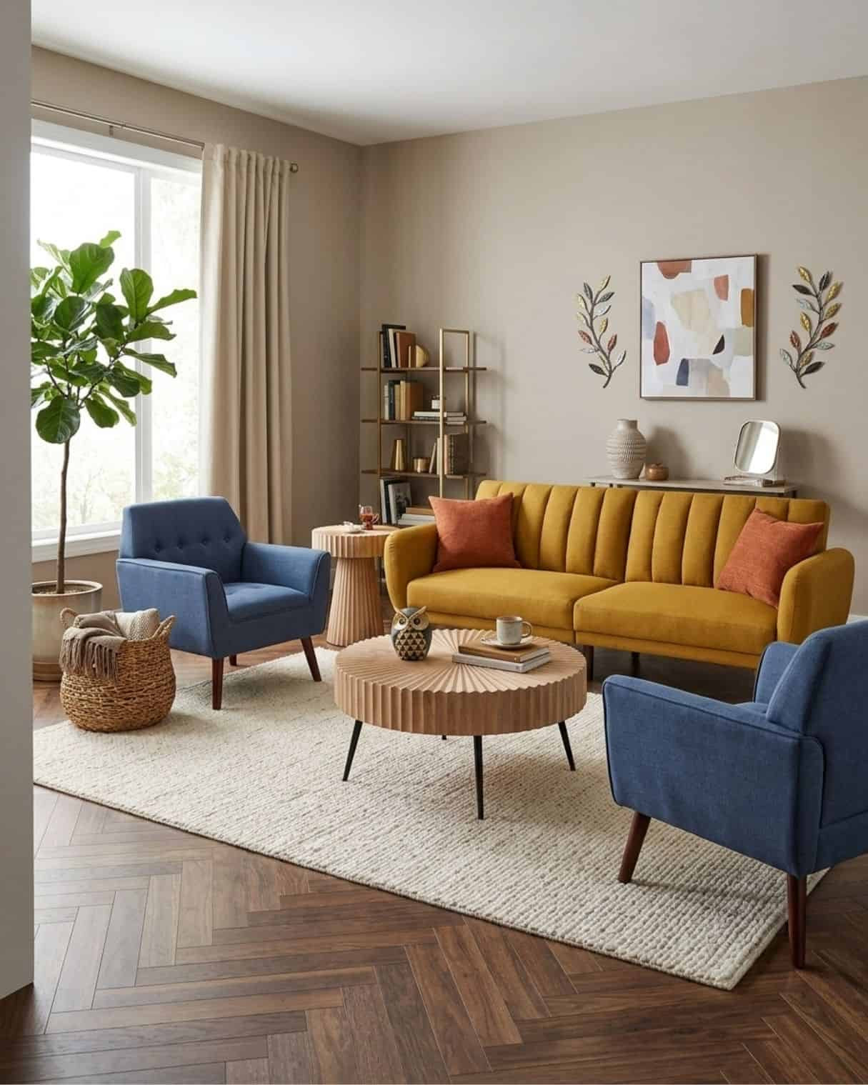 Colorful small living room design idea with a mustard sofa and blue accent chairs.

The mood board features furniture & decor from Amazon. The mockup is an approximation of how this mood board design could look in a home.

#LTKHome