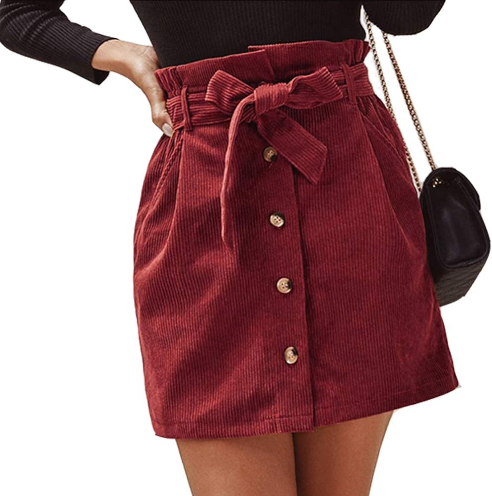 Susupeng Women Paperbag High Waist Elastic Belted Corduroy Button Front with Pockets Short Mini Skir | Amazon (US)