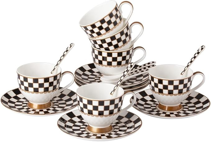 Amazon.com | Porlien 6-ounce Porcelain Checker Teacups and Saucers Set of 6 with Spoons, Coffee C... | Amazon (US)