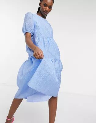 Y.A.S embossed midi dress with tiered skirt and puff sleeves in blue | ASOS | ASOS (Global)