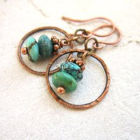 Genuine Turquoise Earrings.natural Semi Precious Stone & Hammered Copper Circle Dangle Earrings. Jewelry | Etsy (US)