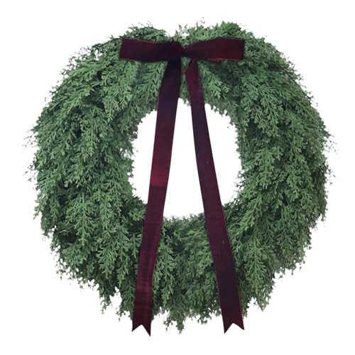 18 Inch Real Touch Christmas Wreath, Artificial Cedar Pine Greenery with Vintage Bow, Large Faux Wreath for Front Door, Fireplace, Wall, Window - Indoor & Outdoor Xmas Decorations Home Decor (Green_A) | Amazon (US)
