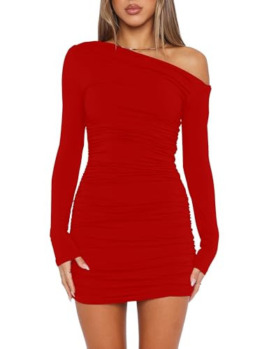 Mokoru Women's Sexy Elegant Off Shoulder Long Sleeve Ruched Bodycon Cocktail Party Mini Dresses, Large, Red | Amazon (US)
