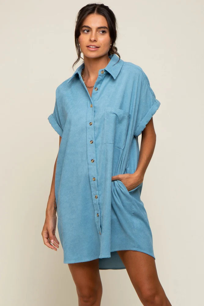Light Blue Ribbed Button Down Mini Dress | PinkBlush Maternity