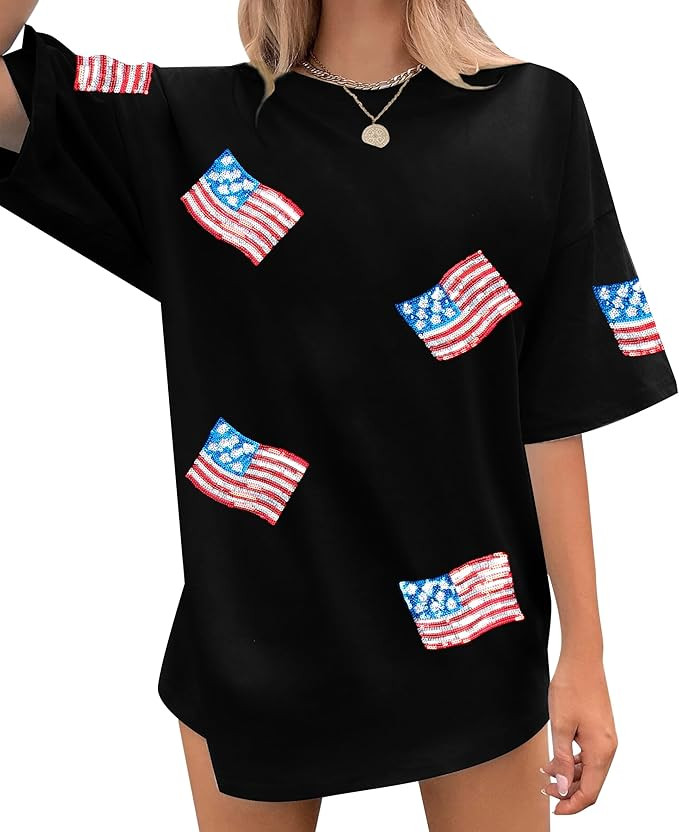 FASHGL American Flag Shirts Women Flag Sequin Oversize T-Shirt 4th of July Tee USA Gift Short Sle... | Amazon (US)