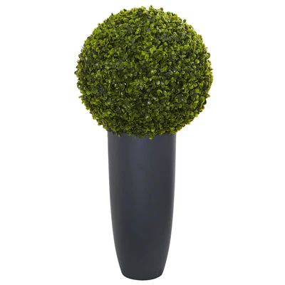 30” Boxwood Artificial Topiary Plant in Gray Cylinder Planter (Indoor/Outdoor) | Nearly Natural